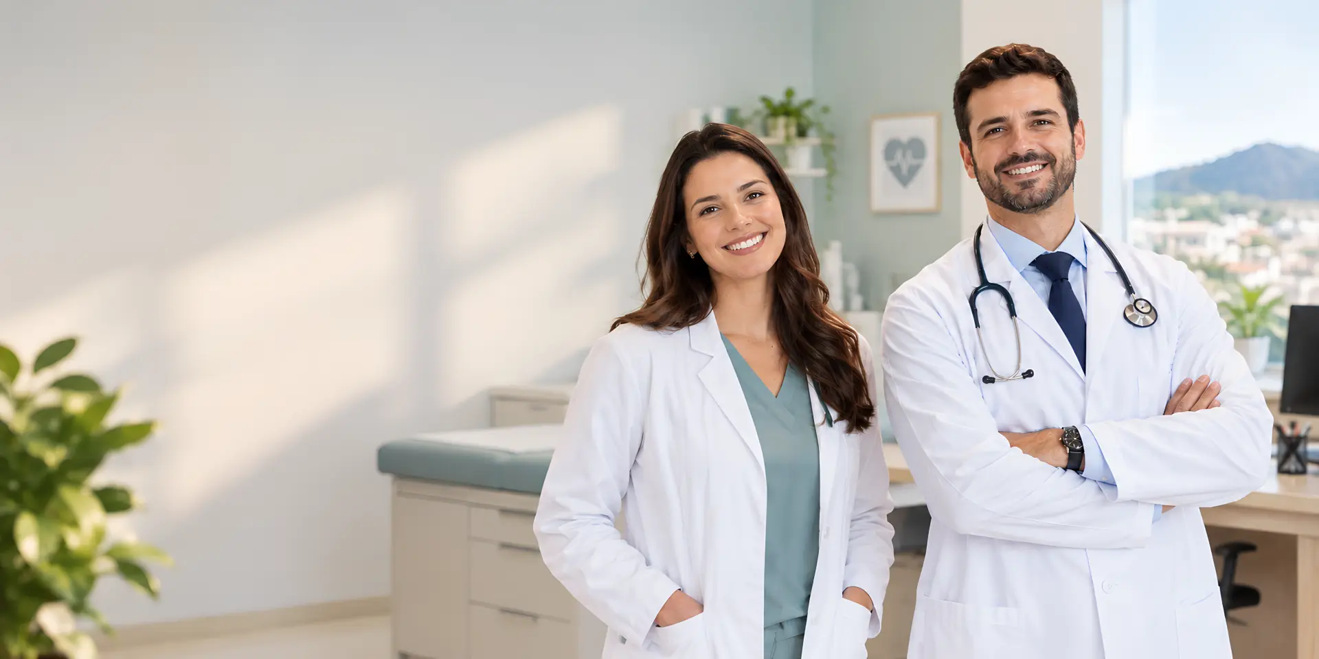 Dra. Marina Teixeira e Dr. Henrique Alvarenga, cardiologistas, sorrindo no consultório